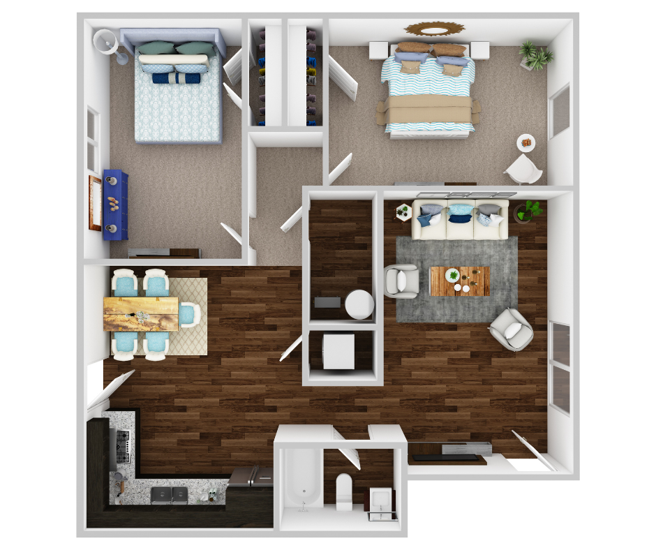 Floor plan for 2 beds, 1 bath, 950 sqft